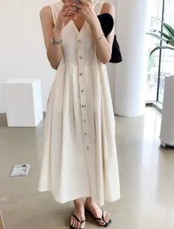 Hot Women's Long Dress Maxi Dress Linen-Inspired Dresses Casual Dress Stylish Casual Vacation Daily Date Regular Fit Plain Sleeveless V Neck Black Blue Apricot Summer Spring Women Dresses