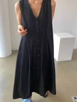Hot Women's Long Dress Maxi Dress Linen-Inspired Dresses Casual Dress Stylish Casual Vacation Daily Date Regular Fit Plain Sleeveless V Neck Black Blue Apricot Summer Spring Women Dresses