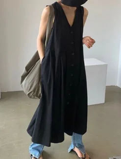 Hot Women's Long Dress Maxi Dress Linen-Inspired Dresses Casual Dress Stylish Casual Vacation Daily Date Regular Fit Plain Sleeveless V Neck Black Blue Apricot Summer Spring Women Dresses