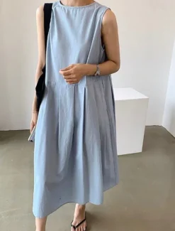 Hot Women's Long Dress Maxi Dress Linen-Inspired Dresses Casual Dress Stylish Casual Vacation Daily Date Regular Fit Plain Sleeveless V Neck Black Blue Apricot Summer Spring Women Dresses