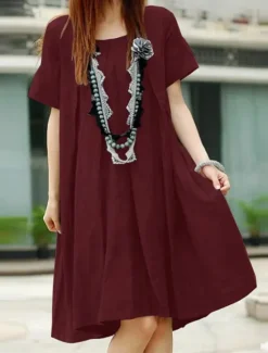 Discount Women's Long Dress Maxi Dress Cotton Linen Dresses Casual Dress Basic Casual Vacation Daily Regular Fit Plain Short Sleeve Crew Neck Red Dark Green Khaki Gray Summer Women Dresses