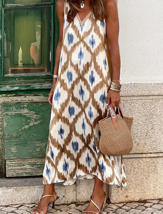 Clearance Women's Long Dress Maxi Dress Casual Dress Boho Chic Dresses Boho Dress Streetwear Vacation Street Holiday Regular Fit Geometric Color Block Sleeveless V Neck Summer Women Spring Dresses|Floral Dresses