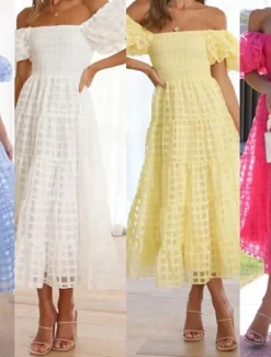 Hot Women's Long Dress Maxi Dress Casual Dress Fashion Outdoor Party Holiday Regular Fit Plain Short Sleeve Off Shoulder White Pink Blue Summer Women Work Dresses