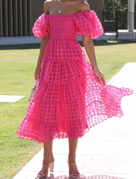 Hot Women's Long Dress Maxi Dress Casual Dress Fashion Outdoor Party Holiday Regular Fit Plain Short Sleeve Off Shoulder White Pink Blue Summer Women Work Dresses