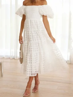 Hot Women's Long Dress Maxi Dress Casual Dress Fashion Outdoor Party Holiday Regular Fit Plain Short Sleeve Off Shoulder White Pink Blue Summer Women Work Dresses