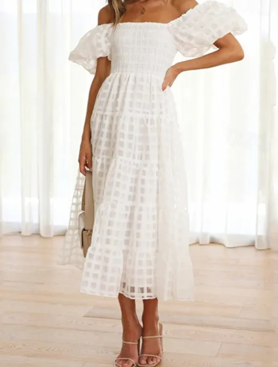Hot Women's Long Dress Maxi Dress Casual Dress Fashion Outdoor Party Holiday Regular Fit Plain Short Sleeve Off Shoulder White Pink Blue Summer Women Work Dresses