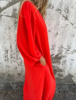 Hot Women's Long Dress Maxi Dress Casual Dress Maxi Dress Summer Dress Stylish Casual Lantern Sleeve Vacation Daily Date Regular Fit Plain Long Sleeve V Neck Pink Red Khaki Summer Spring Women Vacation Dresses