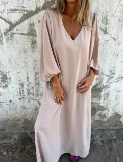 Hot Women's Long Dress Maxi Dress Casual Dress Maxi Dress Summer Dress Stylish Casual Lantern Sleeve Vacation Daily Date Regular Fit Plain Long Sleeve V Neck Pink Red Khaki Summer Spring Women Vacation Dresses