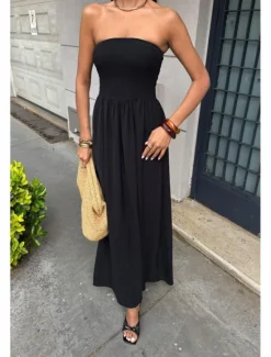 Women's Long Dress Maxi Dress Swing Dress Summer Dress Elegant Going out Beach Summer Dress Regular Fit Pure Color Sleeveless Strapless Black Yellow Brown Beige Summer Women Cocktail Dress