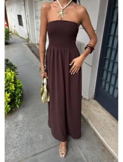 Women's Long Dress Maxi Dress Swing Dress Summer Dress Elegant Going out Beach Summer Dress Regular Fit Pure Color Sleeveless Strapless Black Yellow Brown Beige Summer Women Cocktail Dress