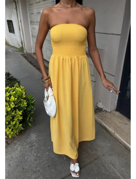 Women's Long Dress Maxi Dress Swing Dress Summer Dress Elegant Going out Beach Summer Dress Regular Fit Pure Color Sleeveless Strapless Black Yellow Brown Beige Summer Women Cocktail Dress