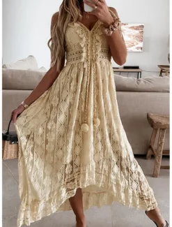 Outlet Women's Long Dress Maxi Dress White Dress Party Dress Casual Dress Holiday Dress Elegant Basic Romantic Vacation Daily Holiday Regular Fit Print Sleeveless V Neck White Beige Summer Spring Women White Dresses