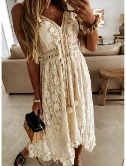 Outlet Women's Long Dress Maxi Dress White Dress Party Dress Casual Dress Holiday Dress Elegant Basic Romantic Vacation Daily Holiday Regular Fit Print Sleeveless V Neck White Beige Summer Spring Women White Dresses
