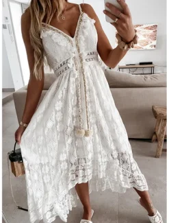 Outlet Women's Long Dress Maxi Dress White Dress Party Dress Casual Dress Holiday Dress Elegant Basic Romantic Vacation Daily Holiday Regular Fit Print Sleeveless V Neck White Beige Summer Spring Women White Dresses