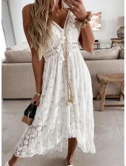 Outlet Women's Long Dress Maxi Dress White Dress Party Dress Casual Dress Holiday Dress Elegant Basic Romantic Vacation Daily Holiday Regular Fit Print Sleeveless V Neck White Beige Summer Spring Women White Dresses