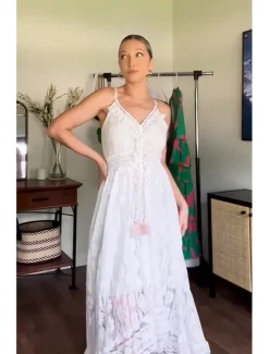 Outlet Women's Long Dress Maxi Dress White Dress Party Dress Casual Dress Holiday Dress Elegant Basic Romantic Vacation Daily Holiday Regular Fit Print Sleeveless V Neck White Beige Summer Spring Women White Dresses