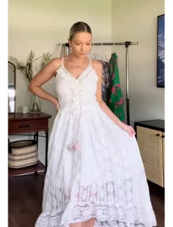 Outlet Women's Long Dress Maxi Dress White Dress Party Dress Casual Dress Holiday Dress Elegant Basic Romantic Vacation Daily Holiday Regular Fit Print Sleeveless V Neck White Beige Summer Spring Women White Dresses