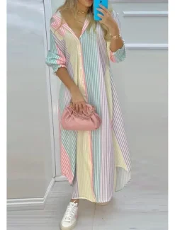Hot Women's Long Dress Maxi Dress Shirt Dress Fashion Outdoor Vacation Holiday Regular Fit Striped Flower Long Sleeve Shirt Collar Black And White White Navy Blue Green Summer Women Floral Dresses