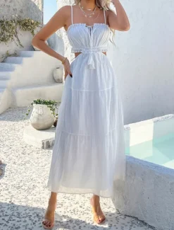 Hot Women's Long Dress Maxi Dress White Dress Graduation Dress Casual Dress Swing Dress Fashion Modern Daily Beach Weekend Regular Fit Plain Sleeveless Spaghetti Strap Black White Yellow Blue Summer Women White Dresses|Vacation Dresses