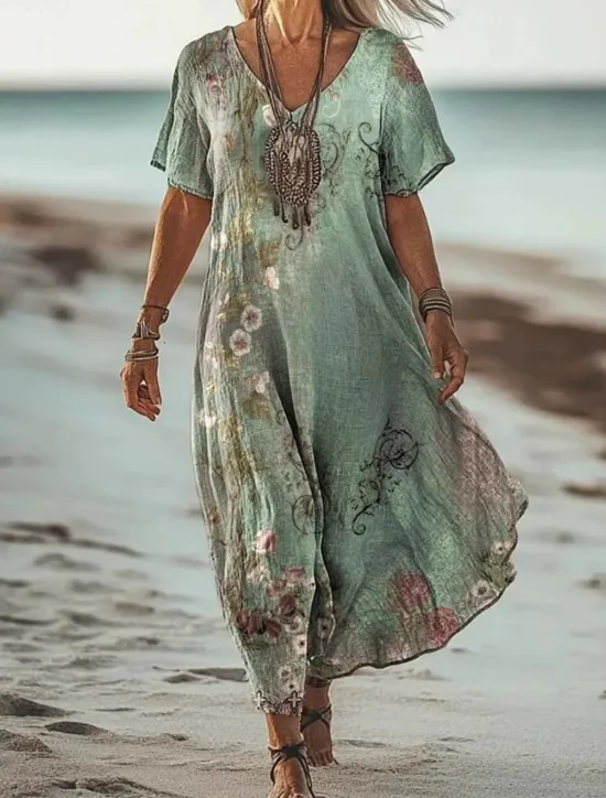 Hot Women's Long Dress Maxi Dress Casual Dress Summer Dress Boho Dress African Vacation Daily Weekend Regular Fit Floral Short Sleeve V Neck Light Green Purple Green Apricot Summer Women Vacation Dresses|Floral Dresses