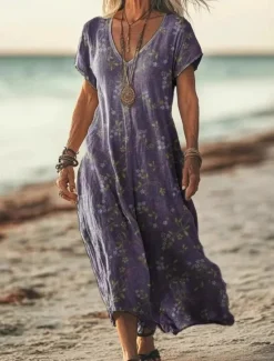 Hot Women's Long Dress Maxi Dress Casual Dress Summer Dress Boho Dress African Vacation Daily Weekend Regular Fit Floral Short Sleeve V Neck Light Green Purple Green Apricot Summer Women Vacation Dresses|Floral Dresses