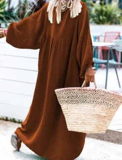 New Women's Long Dress Maxi Dress Casual Dress Stylish Casual Lantern Sleeve Vacation Daily Date Regular Fit Plain Long Sleeve Stand Collar Black Red Brown Spring Fall Women Vacation Dresses