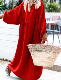 New Women's Long Dress Maxi Dress Casual Dress Stylish Casual Lantern Sleeve Vacation Daily Date Regular Fit Plain Long Sleeve Stand Collar Black Red Brown Spring Fall Women Vacation Dresses