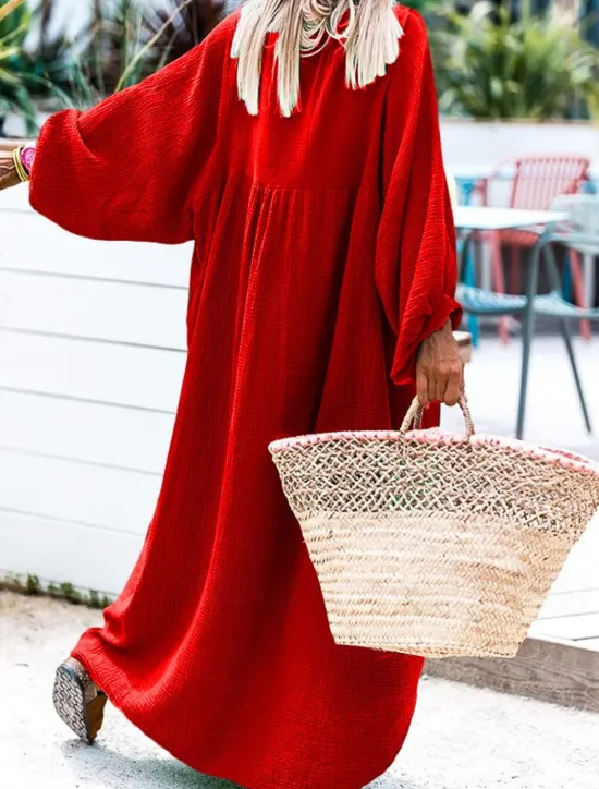 New Women's Long Dress Maxi Dress Casual Dress Stylish Casual Lantern Sleeve Vacation Daily Date Regular Fit Plain Long Sleeve Stand Collar Black Red Brown Spring Fall Women Vacation Dresses