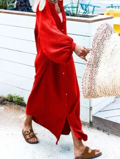 New Women's Long Dress Maxi Dress Casual Dress Stylish Casual Lantern Sleeve Vacation Daily Date Regular Fit Plain Long Sleeve Stand Collar Black Red Brown Spring Fall Women Vacation Dresses