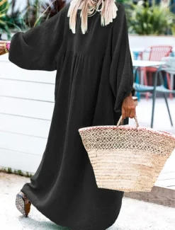 New Women's Long Dress Maxi Dress Casual Dress Stylish Casual Lantern Sleeve Vacation Daily Date Regular Fit Plain Long Sleeve Stand Collar Black Red Brown Spring Fall Women Vacation Dresses