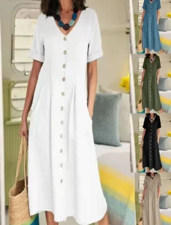 Best Women's Long Dress Maxi Dress Linen-Inspired Dresses Cotton Linen Dress Hawaiian Regular Fit Solid Color Short Sleeve V Neck dark brown claret White Summer Spring Women Dresses