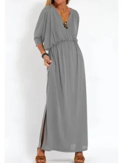 New Women's Long Dress Maxi Dress Casual Dress Cocktail Dress Wedding Guest Dress Chiffon Dress Fashion Vacation Going out Weekend Regular Fit Plain Long Sleeve V Neck Black White Yellow Pink Summer Women Cocktail Dress