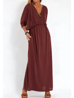 New Women's Long Dress Maxi Dress Casual Dress Cocktail Dress Wedding Guest Dress Chiffon Dress Fashion Vacation Going out Weekend Regular Fit Plain Long Sleeve V Neck Black White Yellow Pink Summer Women Cocktail Dress