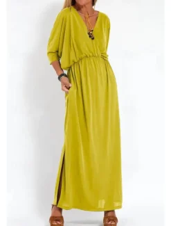 New Women's Long Dress Maxi Dress Casual Dress Cocktail Dress Wedding Guest Dress Chiffon Dress Fashion Vacation Going out Weekend Regular Fit Plain Long Sleeve V Neck Black White Yellow Pink Summer Women Cocktail Dress