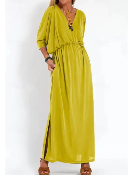 New Women's Long Dress Maxi Dress Casual Dress Cocktail Dress Wedding Guest Dress Chiffon Dress Fashion Vacation Going out Weekend Regular Fit Plain Long Sleeve V Neck Black White Yellow Pink Summer Women Cocktail Dress