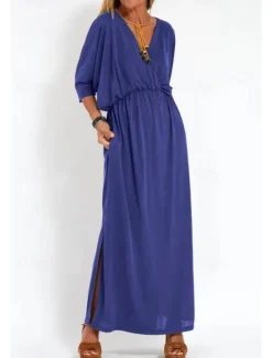 New Women's Long Dress Maxi Dress Casual Dress Cocktail Dress Wedding Guest Dress Chiffon Dress Fashion Vacation Going out Weekend Regular Fit Plain Long Sleeve V Neck Black White Yellow Pink Summer Women Cocktail Dress
