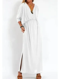 New Women's Long Dress Maxi Dress Casual Dress Cocktail Dress Wedding Guest Dress Chiffon Dress Fashion Vacation Going out Weekend Regular Fit Plain Long Sleeve V Neck Black White Yellow Pink Summer Women Cocktail Dress