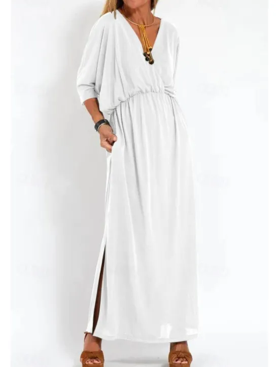 New Women's Long Dress Maxi Dress Casual Dress Cocktail Dress Wedding Guest Dress Chiffon Dress Fashion Vacation Going out Weekend Regular Fit Plain Long Sleeve V Neck Black White Yellow Pink Summer Women Cocktail Dress