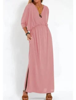 New Women's Long Dress Maxi Dress Casual Dress Cocktail Dress Wedding Guest Dress Chiffon Dress Fashion Vacation Going out Weekend Regular Fit Plain Long Sleeve V Neck Black White Yellow Pink Summer Women Cocktail Dress