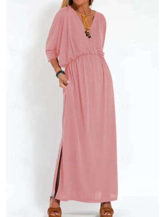 New Women's Long Dress Maxi Dress Casual Dress Cocktail Dress Wedding Guest Dress Chiffon Dress Fashion Vacation Going out Weekend Regular Fit Plain Long Sleeve V Neck Black White Yellow Pink Summer Women Cocktail Dress