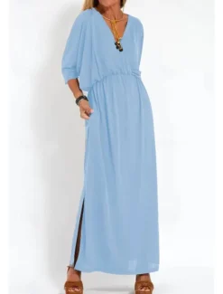 New Women's Long Dress Maxi Dress Casual Dress Cocktail Dress Wedding Guest Dress Chiffon Dress Fashion Vacation Going out Weekend Regular Fit Plain Long Sleeve V Neck Black White Yellow Pink Summer Women Cocktail Dress