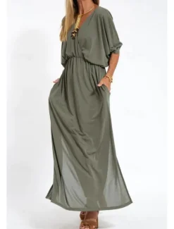 New Women's Long Dress Maxi Dress Casual Dress Cocktail Dress Wedding Guest Dress Chiffon Dress Fashion Vacation Going out Weekend Regular Fit Plain Long Sleeve V Neck Black White Yellow Pink Summer Women Cocktail Dress