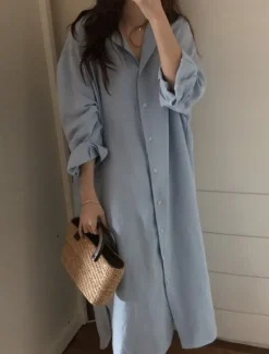 Clearance Women's Long Dress Maxi Dress Linen-Inspired Dresses Shirt Dress Casual Dress Stylish Casual Vacation Daily Date Regular Fit Plain Long Sleeve Lapel White Pink Navy Blue Khaki Summer Spring Women Dresses