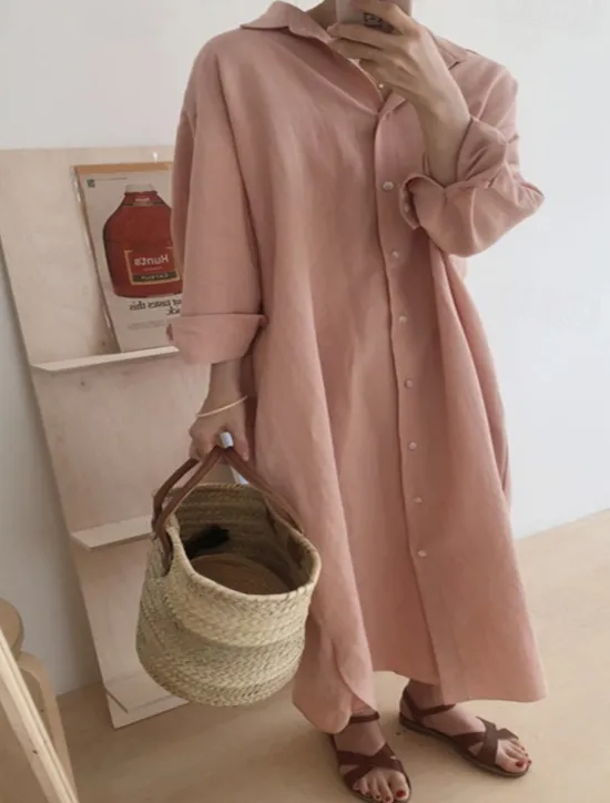 Clearance Women's Long Dress Maxi Dress Linen-Inspired Dresses Shirt Dress Casual Dress Stylish Casual Vacation Daily Date Regular Fit Plain Long Sleeve Lapel White Pink Navy Blue Khaki Summer Spring Women Dresses