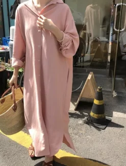 Clearance Women's Long Dress Maxi Dress Linen-Inspired Dresses Shirt Dress Casual Dress Stylish Casual Vacation Daily Date Regular Fit Plain Long Sleeve Lapel White Pink Navy Blue Khaki Summer Spring Women Dresses