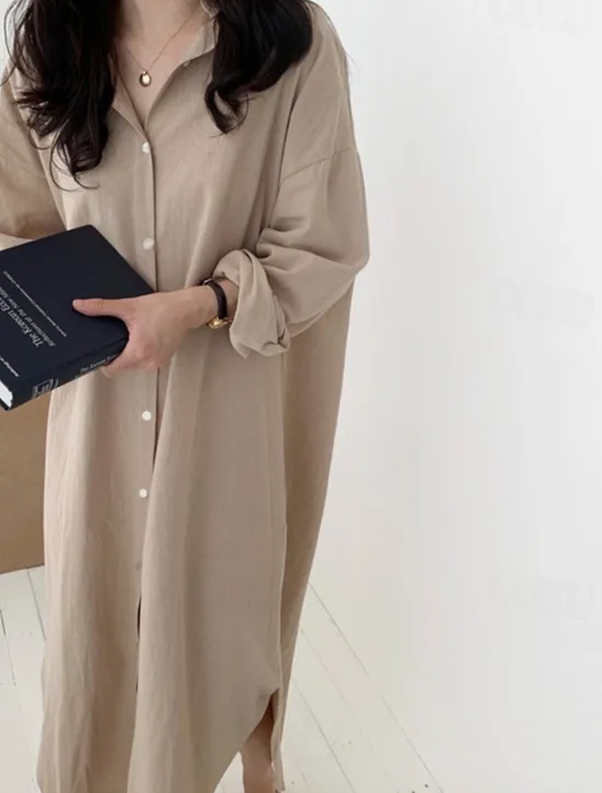 Clearance Women's Long Dress Maxi Dress Linen-Inspired Dresses Shirt Dress Casual Dress Stylish Casual Vacation Daily Date Regular Fit Plain Long Sleeve Lapel White Pink Navy Blue Khaki Summer Spring Women Dresses