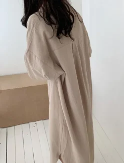 Clearance Women's Long Dress Maxi Dress Linen-Inspired Dresses Shirt Dress Casual Dress Stylish Casual Vacation Daily Date Regular Fit Plain Long Sleeve Lapel White Pink Navy Blue Khaki Summer Spring Women Dresses