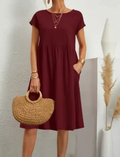 Best Women's Long Dress Maxi Dress Linen-Inspired Dresses Casual Dress Cotton Linen Dress A Line Dress Stylish Casual Vacation Daily Date Regular Fit Plain Short Sleeve Crew Neck Wine Blue Khaki Summer Women Dresses