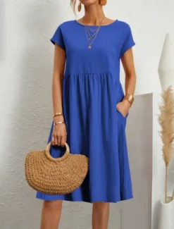 Best Women's Long Dress Maxi Dress Linen-Inspired Dresses Casual Dress Cotton Linen Dress A Line Dress Stylish Casual Vacation Daily Date Regular Fit Plain Short Sleeve Crew Neck Wine Blue Khaki Summer Women Dresses