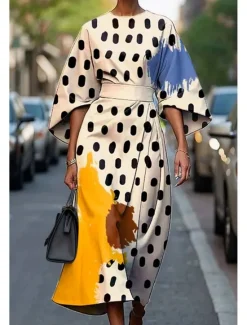 Women's Long Dress Maxi Dress Casual Dress Summer Dress Fashion Modern Daily Date Weekend Regular Fit Geometric 3/4 Length Sleeve Crew Neck Colorful Black White Yellow Summer Women Floral Dresses